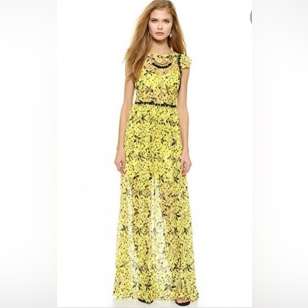 Free People lemon yellow cherry blossom floral lace open back maxi dress, NWT